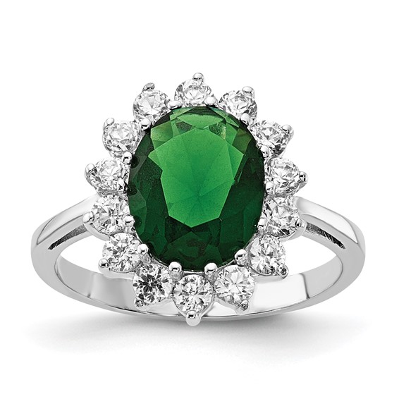Cheryl M Sterling Silver Rhodium-plated Polished Green Glass and CZ Oval Halo Ring