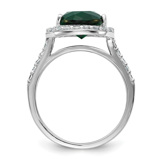 Cheryl M Sterling Silver Rhodium-plated Polished Green Glass and CZ Teardrop Halo Ring