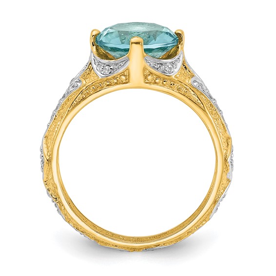 Cheryl M Sterling Silver Rhodium and Gold-plated Polished and Textured Blue Glass and CZ Ring