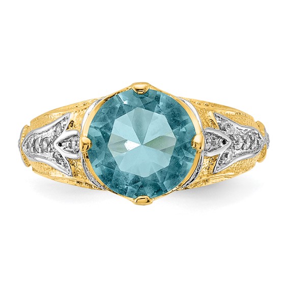 Cheryl M Sterling Silver Rhodium and Gold-plated Polished and Textured Blue Glass and CZ Ring