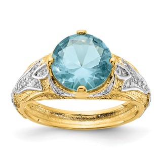 Cheryl M Sterling Silver Rhodium and Gold-plated Polished and Textured Blue Glass and CZ Ring