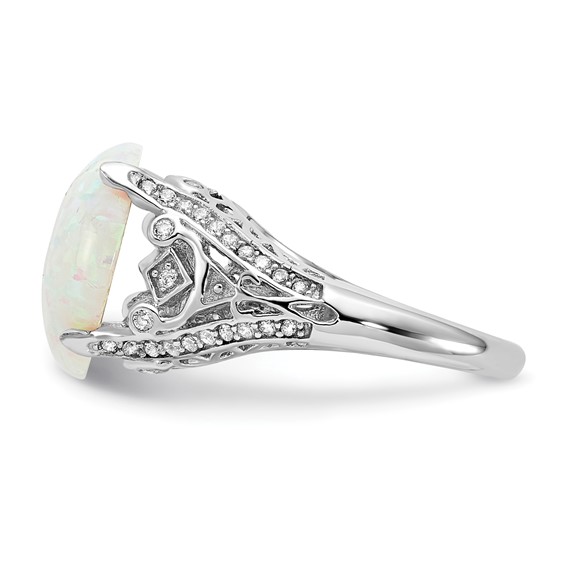 Cheryl M Sterling Silver Rhodium-plated Polished Oval Lab Created Opal and CZ Ring