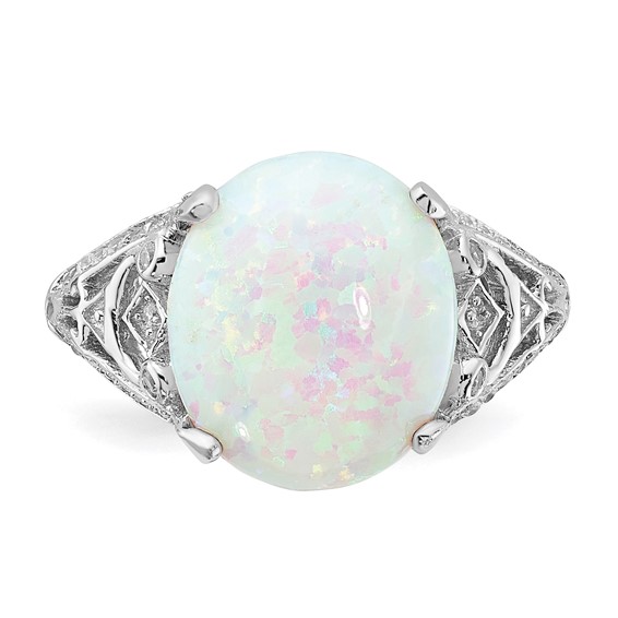 Cheryl M Sterling Silver Rhodium-plated Polished Oval Lab Created Opal and CZ Ring