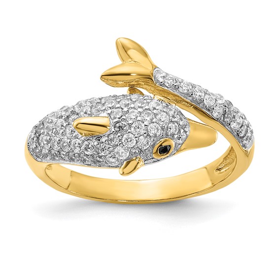 Cheryl M Sterling Silver Gold-plated Polished Pave Black and White CZ Dolphin Ring