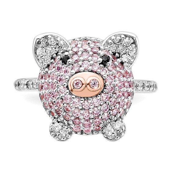Cheryl M Sterling Silver Rhodium and Rose Gold-plated Polished Multicolor CZ Pig Ring