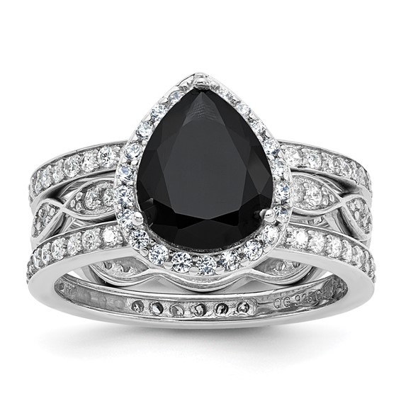 Cheryl M Sterling Silver Rhodium-plated Polished Black and White CZ Teardrop Halo 3 Ring Set