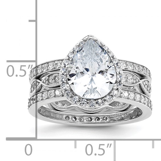 Cheryl M Sterling Silver Rhodium-plated Polished CZ Teardrop Halo 3 Ring Set