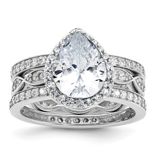 Cheryl M Sterling Silver Rhodium-plated Polished CZ Teardrop Halo 3 Ring Set