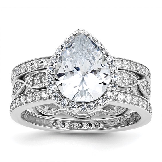 Cheryl M Sterling Silver Rhodium-plated Polished CZ Teardrop Halo 3 Ring Set