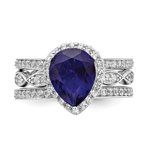 Cheryl M Sterling Silver Rhodium-plated Polished Lab Created Sapphire and CZ Teardrop Halo 3 Ring Set
