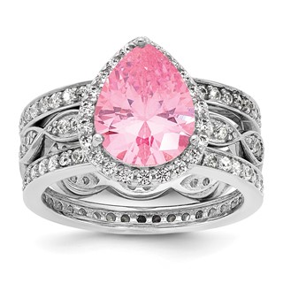 Cheryl M Sterling Silver Rhodium-plated Polished Pink and White CZ Halo Teardrop 3 Ring Set