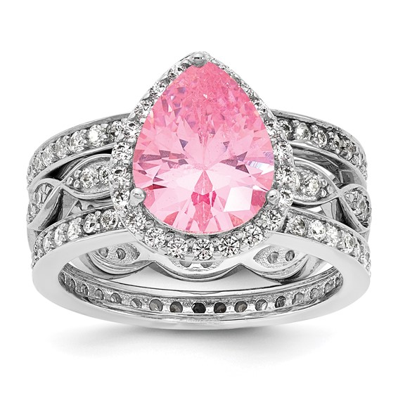Cheryl M Sterling Silver Rhodium-plated Polished Pink and White CZ Halo Teardrop 3 Ring Set