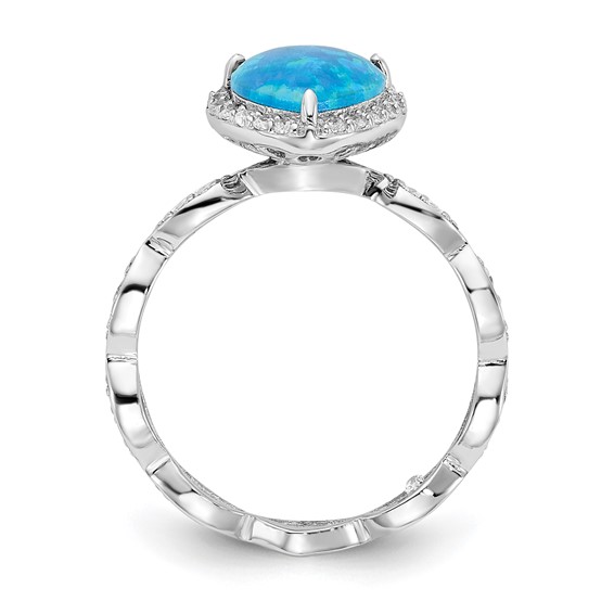 Cheryl M Sterling Silver Rhodium-plated Polished Blue Lab Created Opal and CZ Teardrop Halo Ring