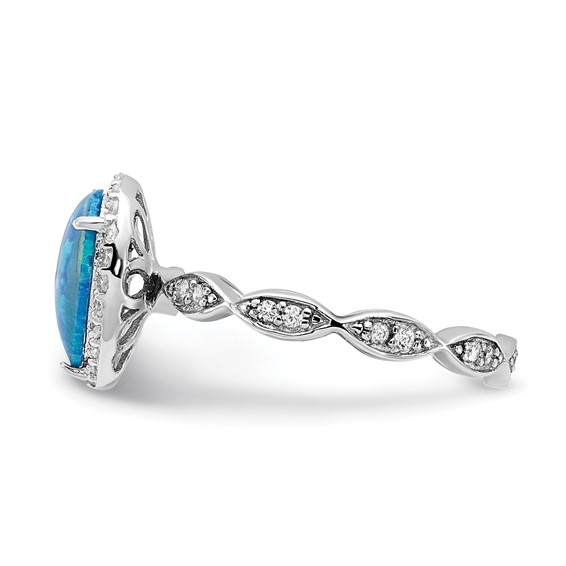 Cheryl M Sterling Silver Rhodium-plated Polished Blue Lab Created Opal and CZ Teardrop Halo Ring
