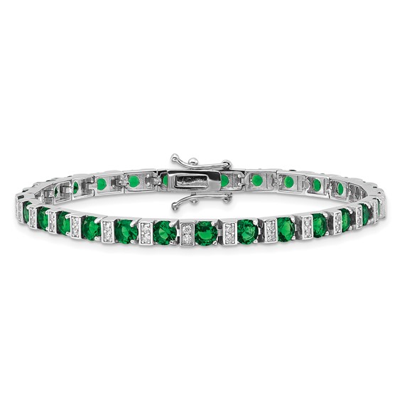 Cheryl M Sterling Silver Rhodium-plated Polished Green Glass and CZ 7.25 Inch Bracelet