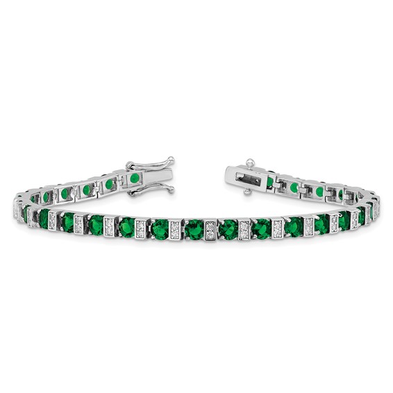 Cheryl M Sterling Silver Rhodium-plated Polished Green Glass and CZ 7.25 Inch Bracelet