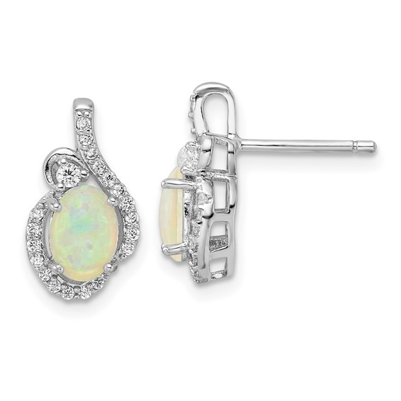Cheryl M Sterling Silver Rhodium-plated Polished Lab Created Opal and CZ Post Earrings