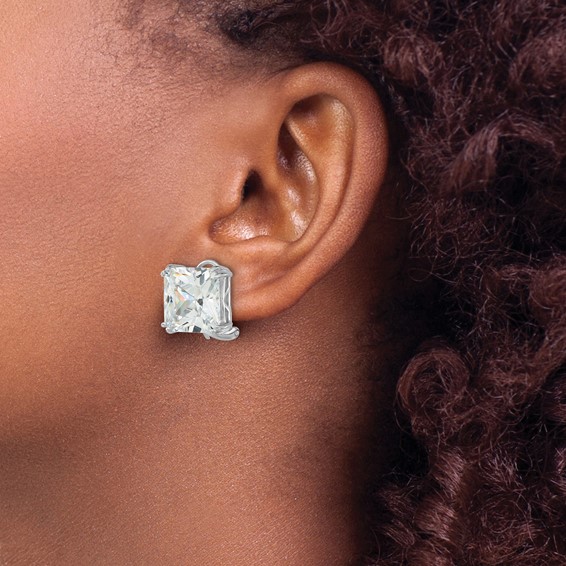 Cheryl M Sterling Silver Rhodium-plated Polished Cushion-cut CZ Post Omega Back Earrings