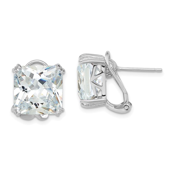 Cheryl M Sterling Silver Rhodium-plated Polished Cushion-cut CZ Post Omega Back Earrings