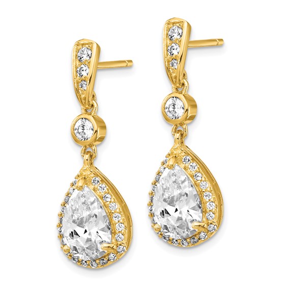 Cheryl M Sterling Silver Gold-plated Brilliant-cut CZ Teardrop and Bezel Halo Post Dangle Earrings
