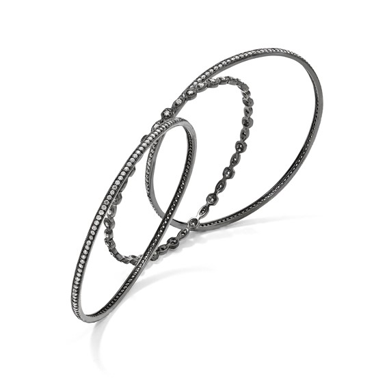 Cheryl M Sterling Silver Black-plated CZ Three Bangle Set