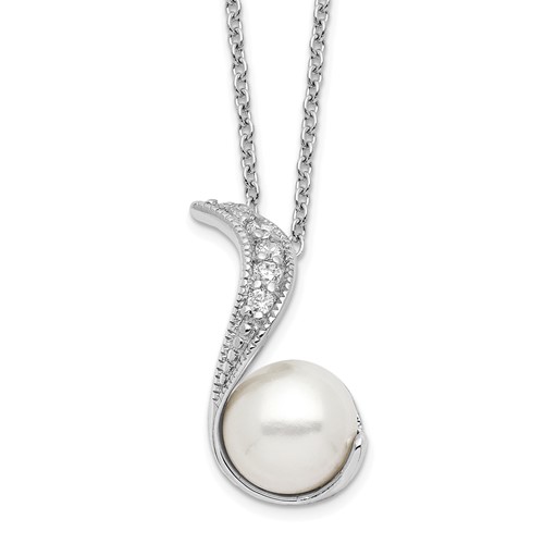 Cheryl M Sterling Silver Rhodium-plated Freshwater Cultured Pearl and Brilliant-cut CZ Swirl Necklace, 18"