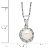 Cheryl M Sterling Silver Rhodium-plated Freshwater Cultured Pearl and Brilliant-cut CZ Necklace, 18" view 2