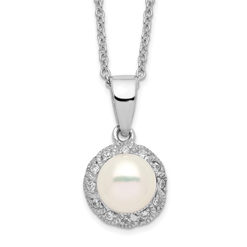 Cheryl M Sterling Silver Rhodium-plated Freshwater Cultured Pearl and Brilliant-cut CZ Necklace, 18"