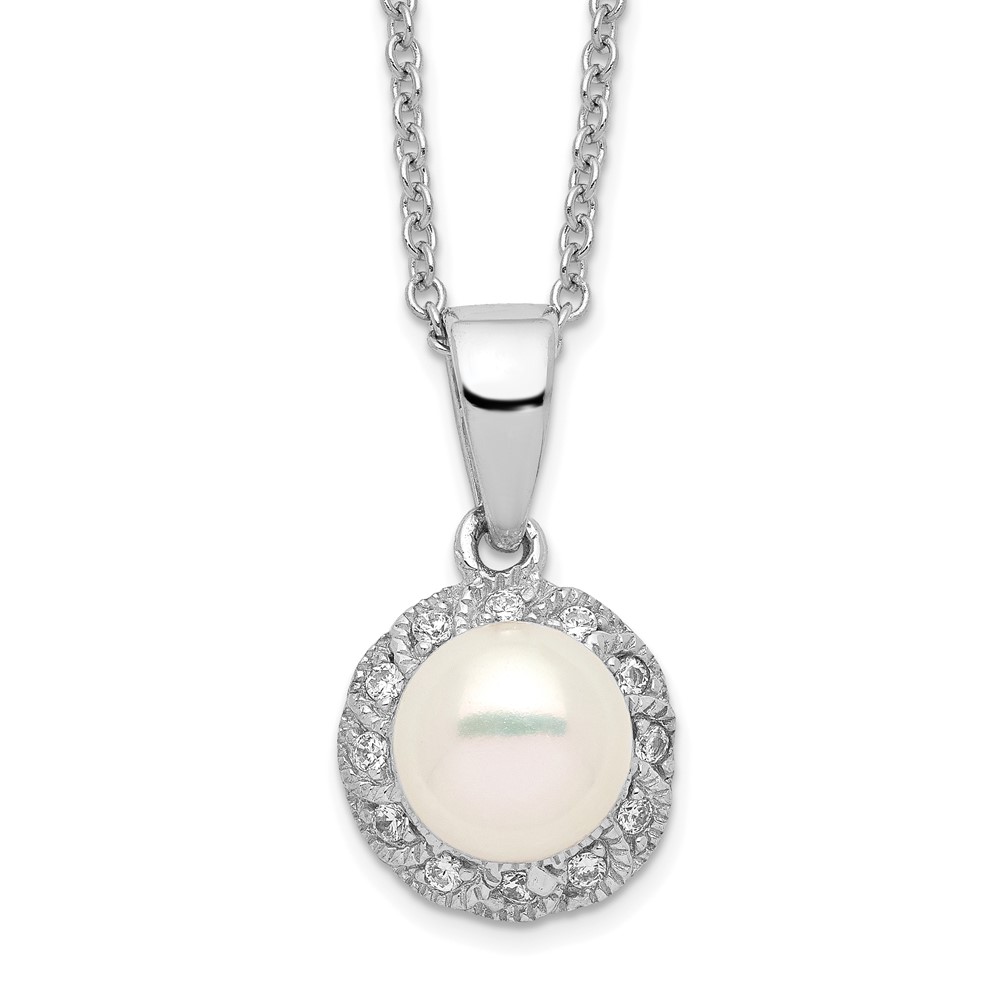 Sterling Silver Cheryl M Rhodium-plated CZ and White FWC Pearl Necklace