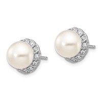 Cheryl M Sterling Silver Rhodium-plated White Freshwater Cultured Pearl and Brilliant-cut CZ Post Earrings view 2