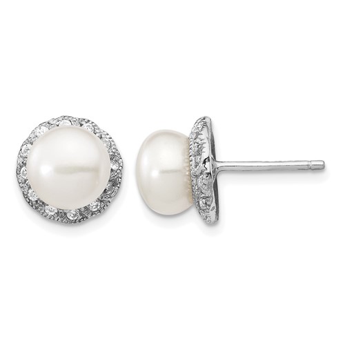 Cheryl M Sterling Silver Rhodium-plated White Freshwater Cultured Pearl and Brilliant-cut CZ Post Earrings