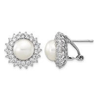 Cheryl M Sterling Silver Rhodium-plated Freshwater Cultured Pearl and Brilliant-cut CZ Omega Back Earrings view 1