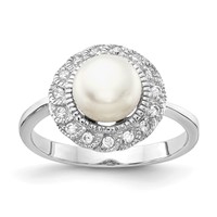 Cheryl M Sterling Silver Rhodium-plated Freshwater Cultured Pearl and Brilliant-cut CZ Ring view 1