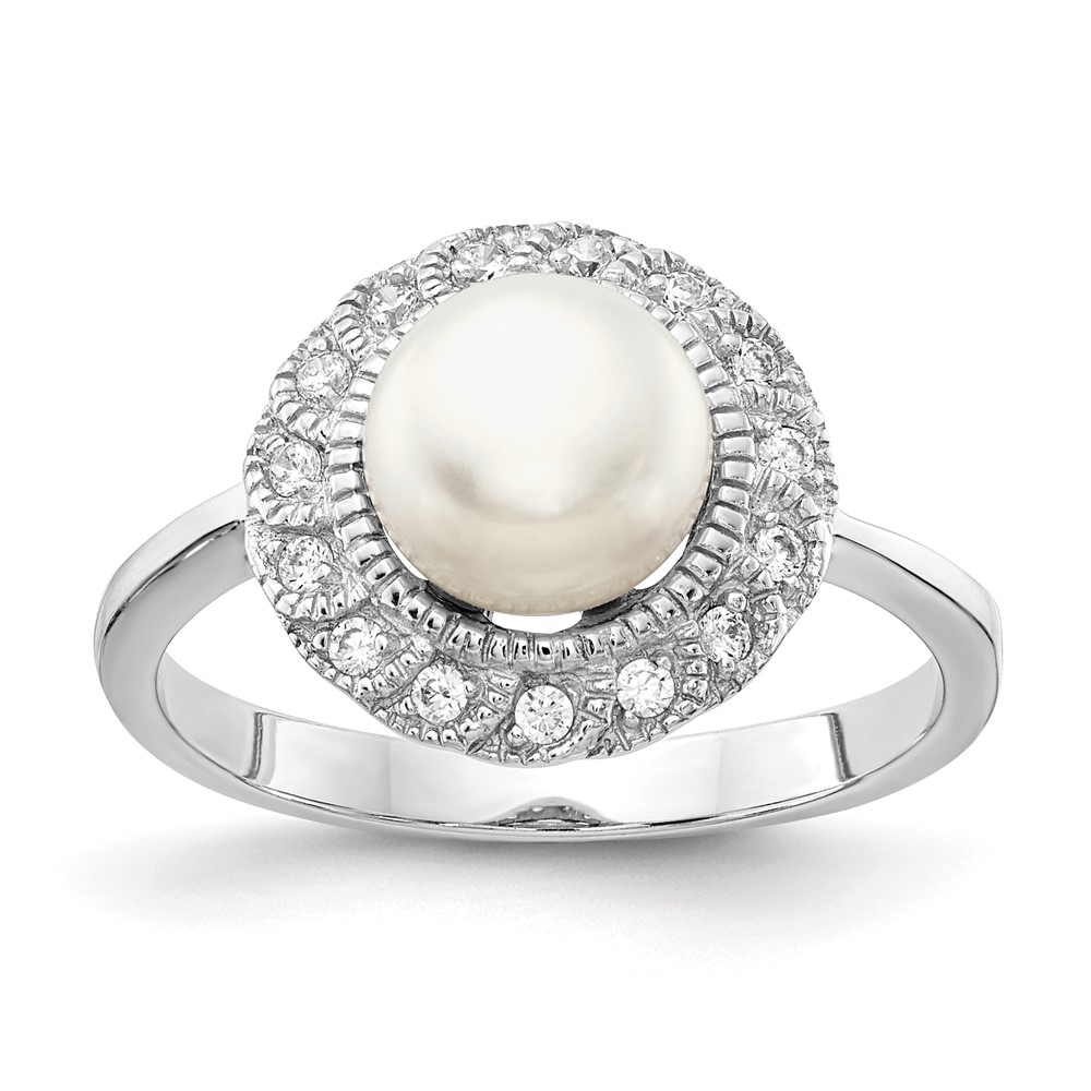Sterling Silver Cheryl M Rhodium-plated CZ and White FWC Pearl Ring