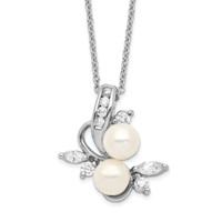Cheryl M Sterling Silver Rhodium-plated Freshwater Cultured Pearl and Brilliant-cut CZ Leaves Necklace, 18" view 1