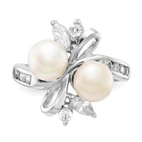 Cheryl M Sterling Silver Rhodium-plated Freshwater Cultured Pearl and Brilliant-cut CZ Leaves Ring view 5