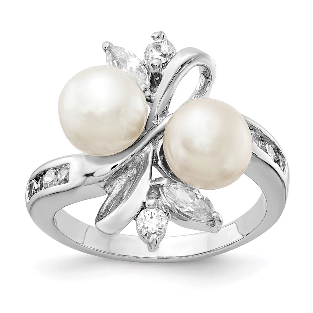 Sterling Silver Cheryl M Rhodium-plated CZ Leaves White FWC Pearl Ring