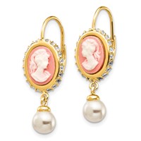Cheryl M Sterling Silver Gold-plated Glass Pearl Brilliant-cut CZ & Resin Cameo Leverback Dangle Earrings view 2