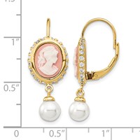 Cheryl M Sterling Silver Gold-plated Glass Pearl Brilliant-cut CZ & Resin Cameo Leverback Dangle Earrings view 4