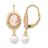 Cheryl M Sterling Silver Gold-plated Glass Pearl Brilliant-cut CZ & Resin Cameo Leverback Dangle Earrings view 1
