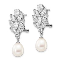 Cheryl M Sterling Silver Rhodium-plated Teardrop Freshwater Cultured Pearl Marquise-cut and Brilliant-cut CZ Fancy Omega Back Dangle Earrings view 2