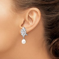 Cheryl M Sterling Silver Rhodium-plated Teardrop Freshwater Cultured Pearl Marquise-cut and Brilliant-cut CZ Fancy Omega Back Dangle Earrings view 3
