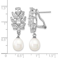 Cheryl M Sterling Silver Rhodium-plated Teardrop Freshwater Cultured Pearl Marquise-cut and Brilliant-cut CZ Fancy Omega Back Dangle Earrings view 4