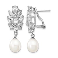 Cheryl M Sterling Silver Rhodium-plated Teardrop Freshwater Cultured Pearl Marquise-cut and Brilliant-cut CZ Fancy Omega Back Dangle Earrings view 1
