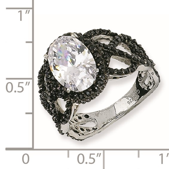 Sterling Silver Black-plated Fancy Oval Black/Wht CZ Ring