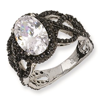 Sterling Silver Black-plated Fancy Oval Black/Wht CZ Ring