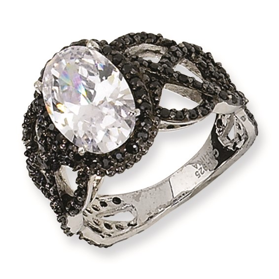 Sterling Silver Black-plated Fancy Oval Black/Wht CZ Ring