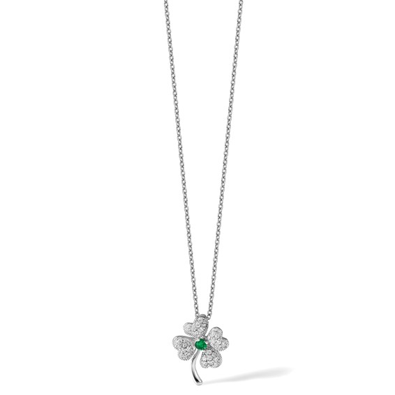 Cheryl M Sterling Silver Rhodium-plated Brilliant-cut Green Glass and Brilliant-cut White CZ Four Leaf Clover 18 Inch Necklace