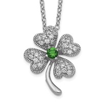 Cheryl M Sterling Silver Rhodium-plated Brilliant-cut Green Glass and Brilliant-cut White CZ Four Leaf Clover Necklace, 18" view 1