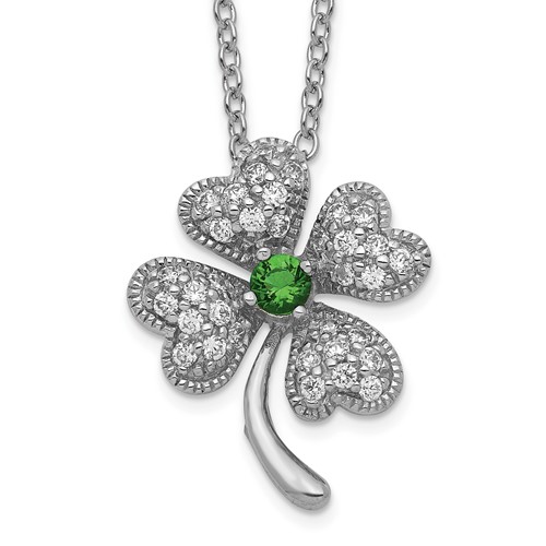 Cheryl M Sterling Silver Rhodium-plated Brilliant-cut Green Glass and Brilliant-cut White CZ Four Leaf Clover Necklace, 18"